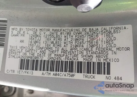 2009 Toyota Tacoma Base V6 from USA, damaged, VIN 3TMLU42N29M030872